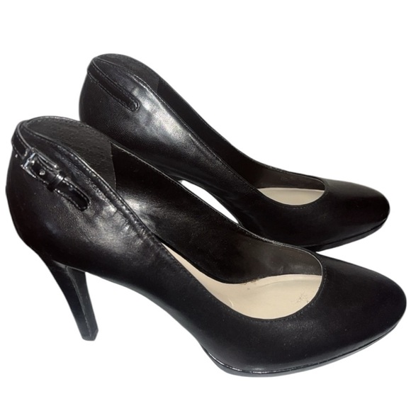 Franco Sarto black leather pumps faux buckle/belt adorned 3.5" heel - Picture 3 of 9